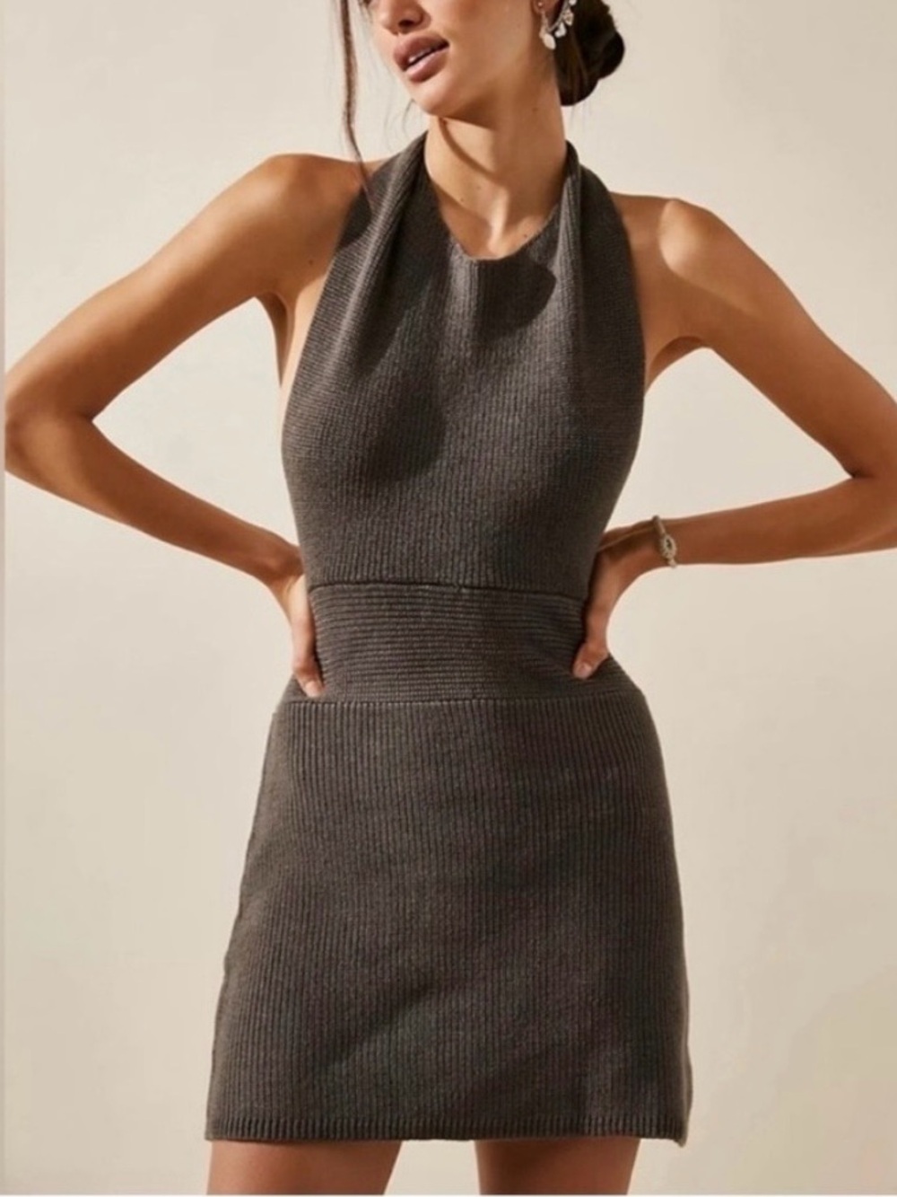 Free People Beach Size L Knit Mini Dress Gray Halter Open Back Boho Coastal NWT
